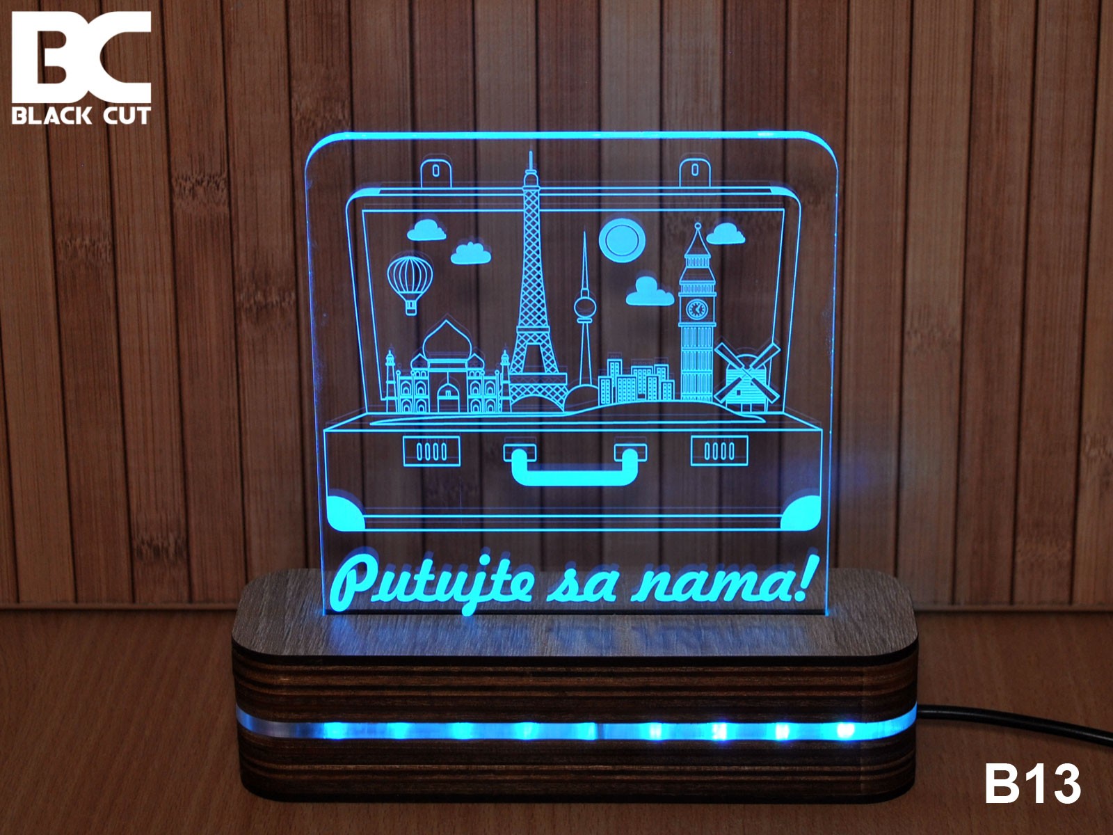 Black Cut 3D Lampa Putujte sa nama Svetlo plava