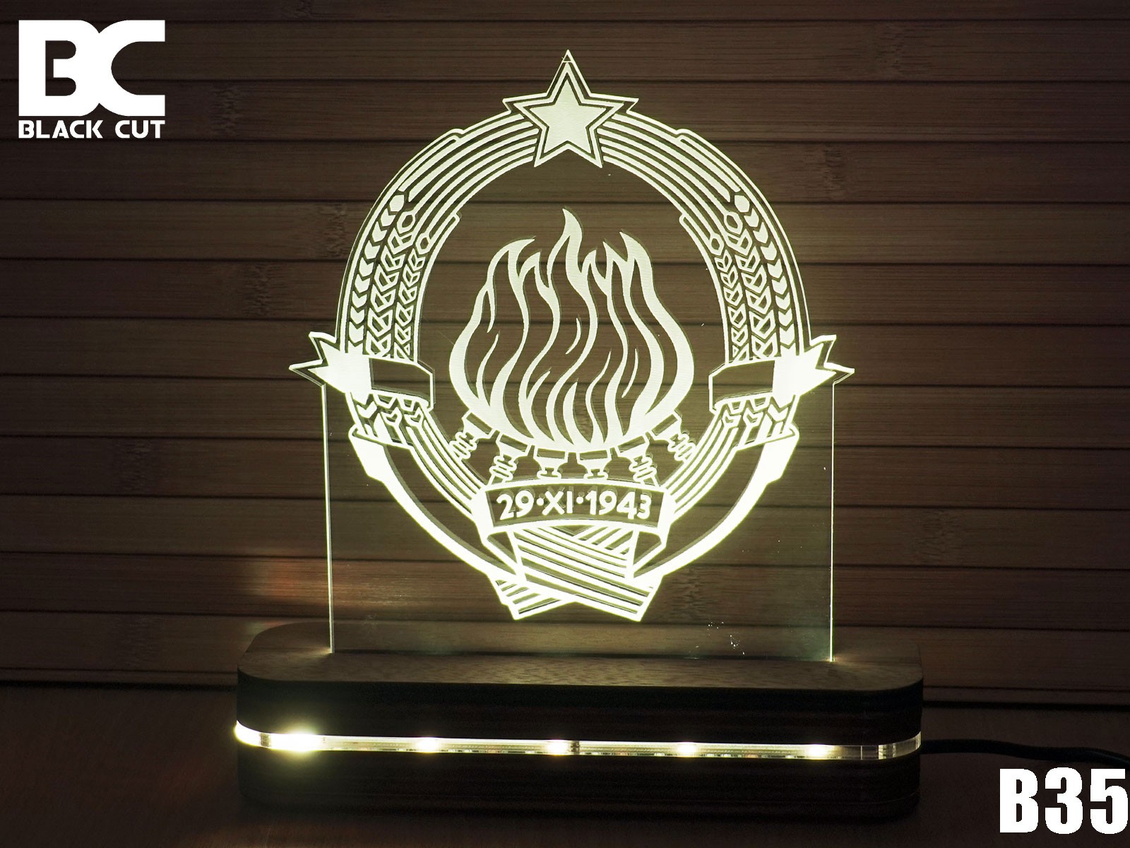 Black Cut 3D Lampa Grb Jugoslavije Toplo bela