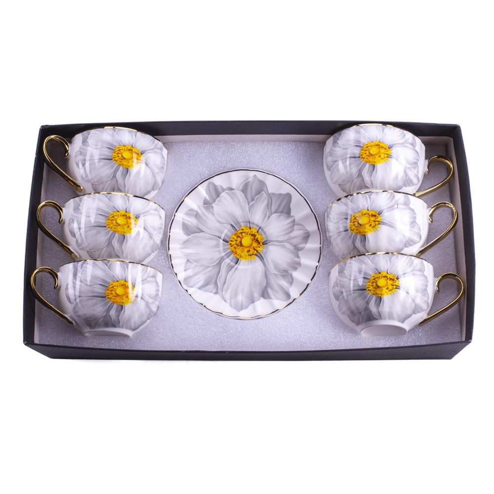 DIKER HOME Porcelanske šolje sa cvetom, 6 komada, Belo-sive