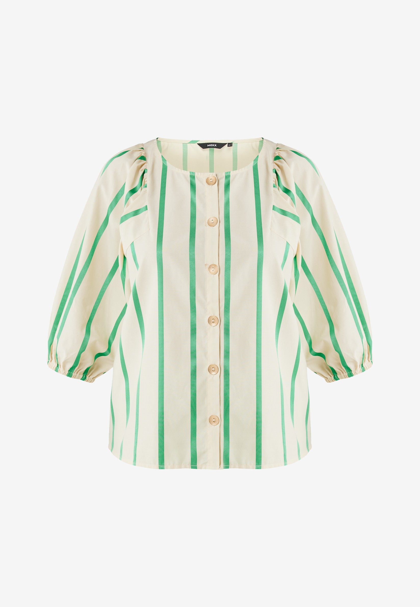 Mexx Ženska košulja na pruge, Pufnasti rukavi, Bež-zelena