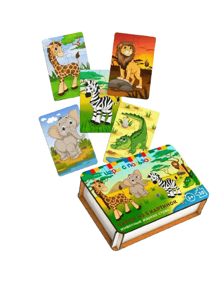 Grat Drvene slagalice Životinje Afrike, 5 slika, 30 delova, Šarene