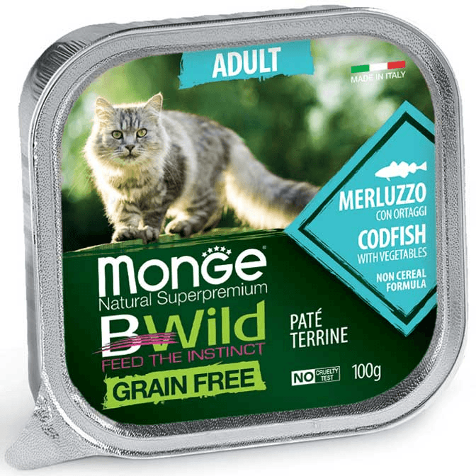 Monge Pašteta za odrasle mačke Natural Superpremium BWild, Bez žitarica, Bakalar i povrće, 0.1kg