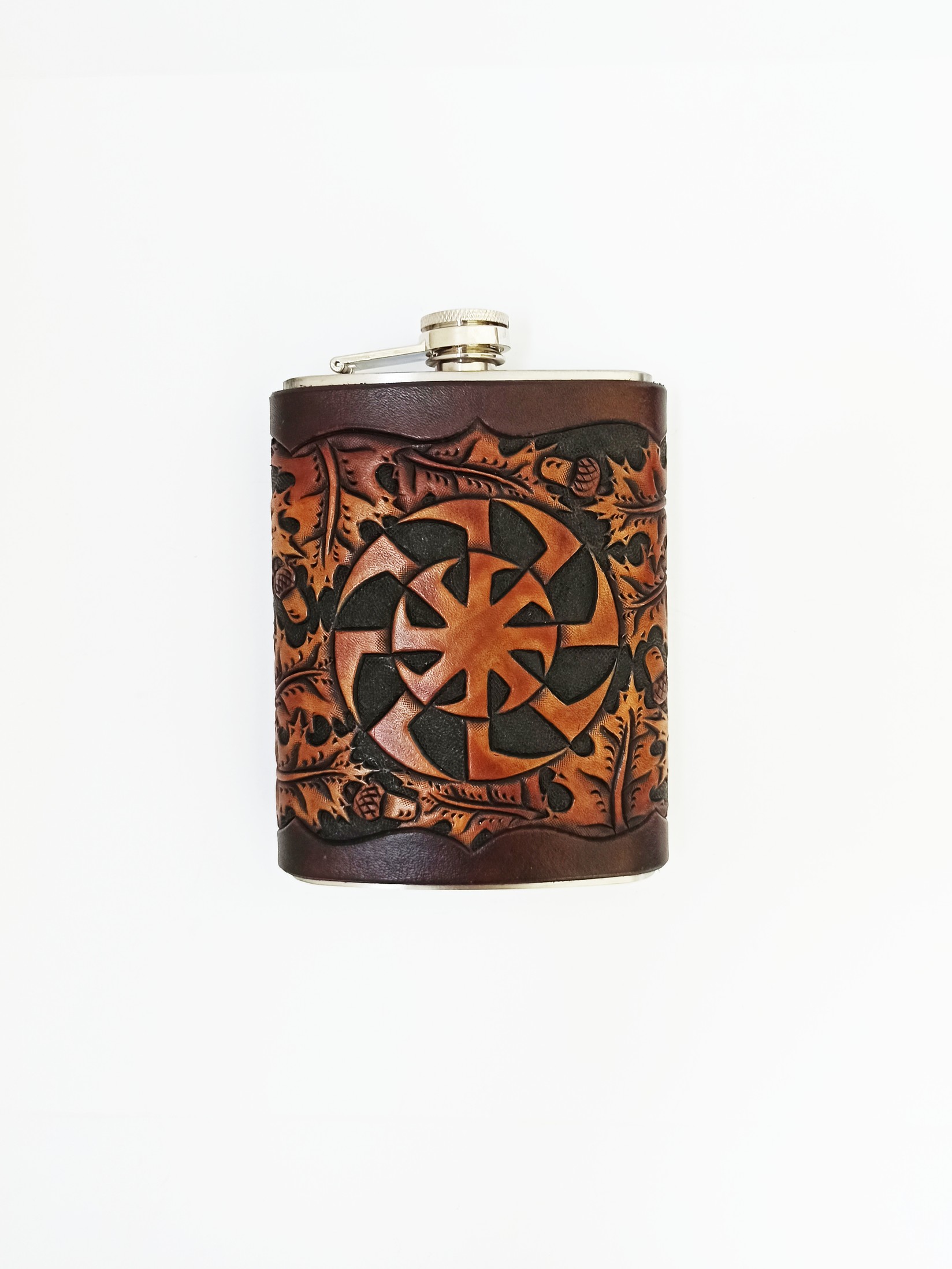 ROD Pljoska Dupli Kolovrat, Ručno gravirana, Kožna, 236ml