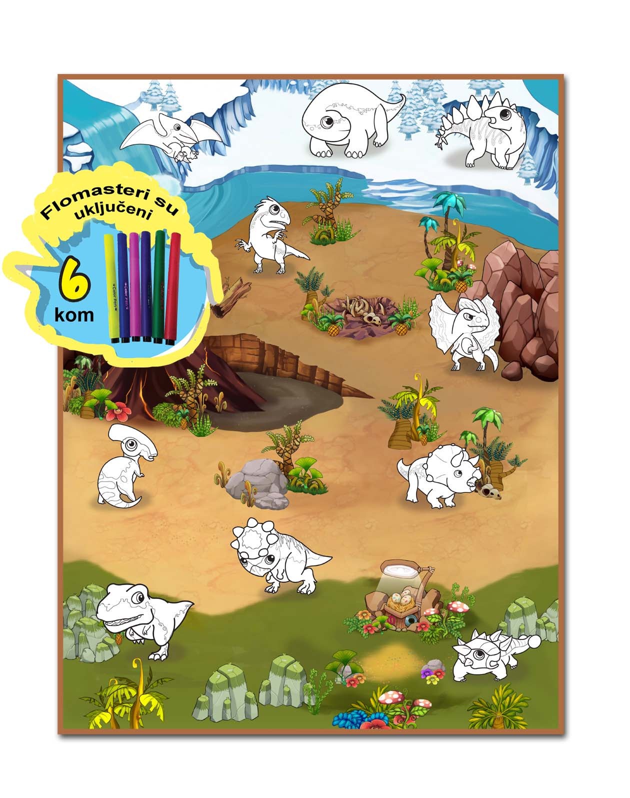 ROLLMATZ Podloga za igranje Dinosaurus + 6 flomastera 90 x 120cm
