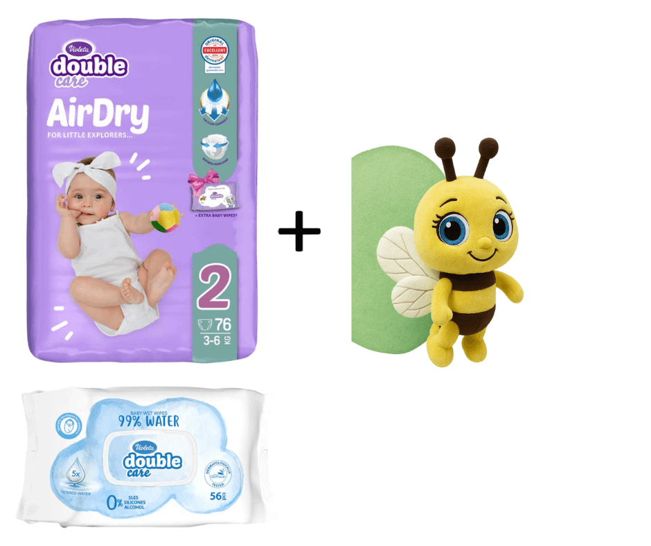 Violeta DC Pelene Air Dry 2, 3-6 kg, 76/1, Violeta Vlažne maramice, Water Care 56/1 + Plišana igračka pčelica gratis