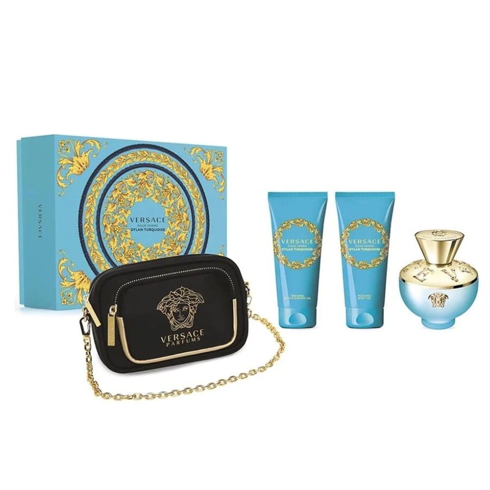 Versace Ženski parfemski set Dylan Turquoise, EDT, 100 ml + Mleko za telo, 100 ml + Gel za tuširanje, 100 ml + Torbica