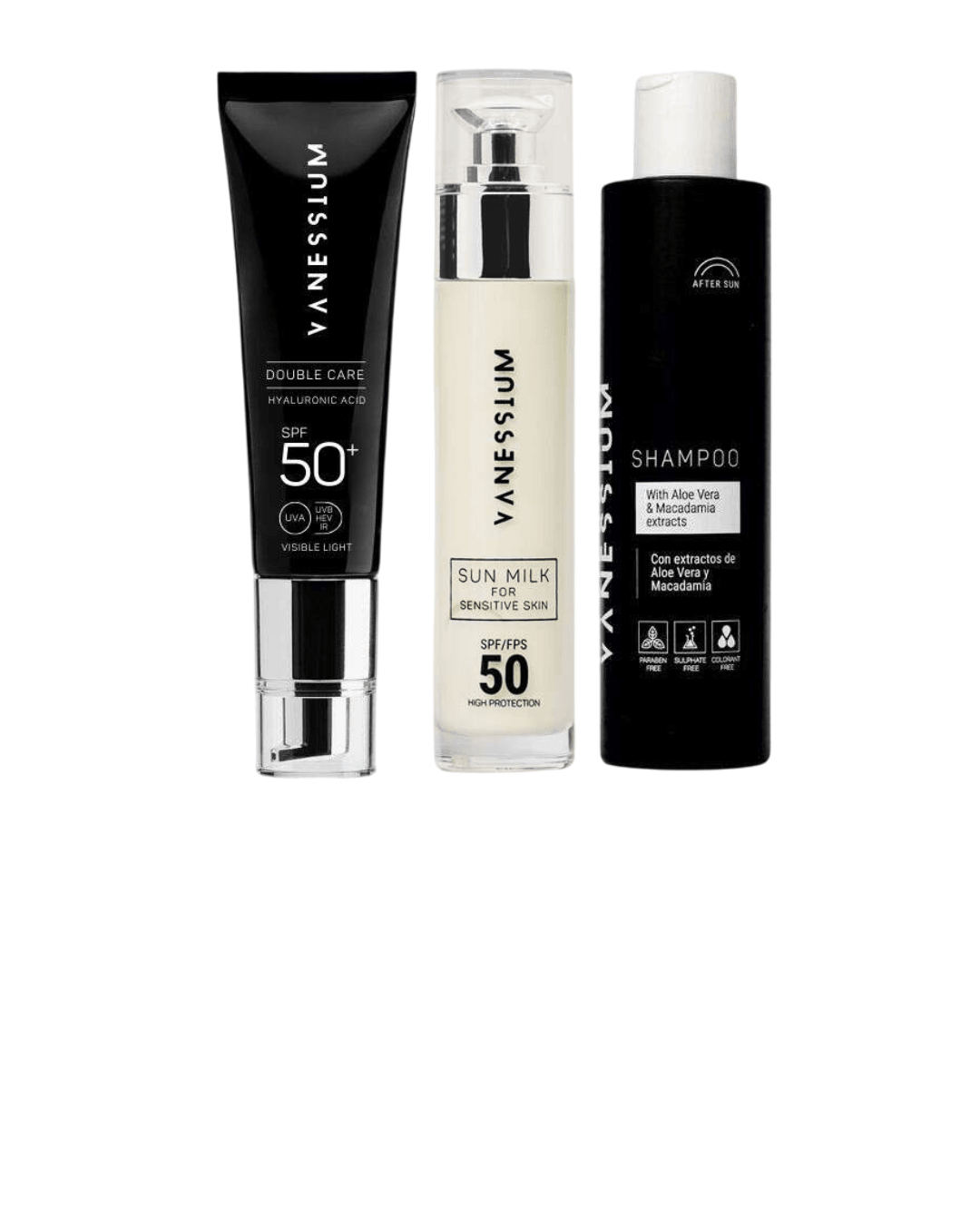 Vanessium Set Mleko za sunčanje za osetljivu kožu 50ml, Šampon za posle sunčanja 200ml, Krema za lice Hyaluron-om  50ml