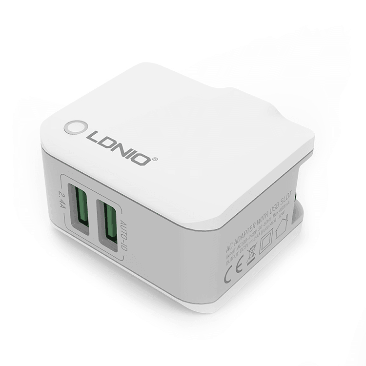 LDNIO A2203 Kućni punjač Dual USB, 2.4A, iPhone Lightning kabl, Beli