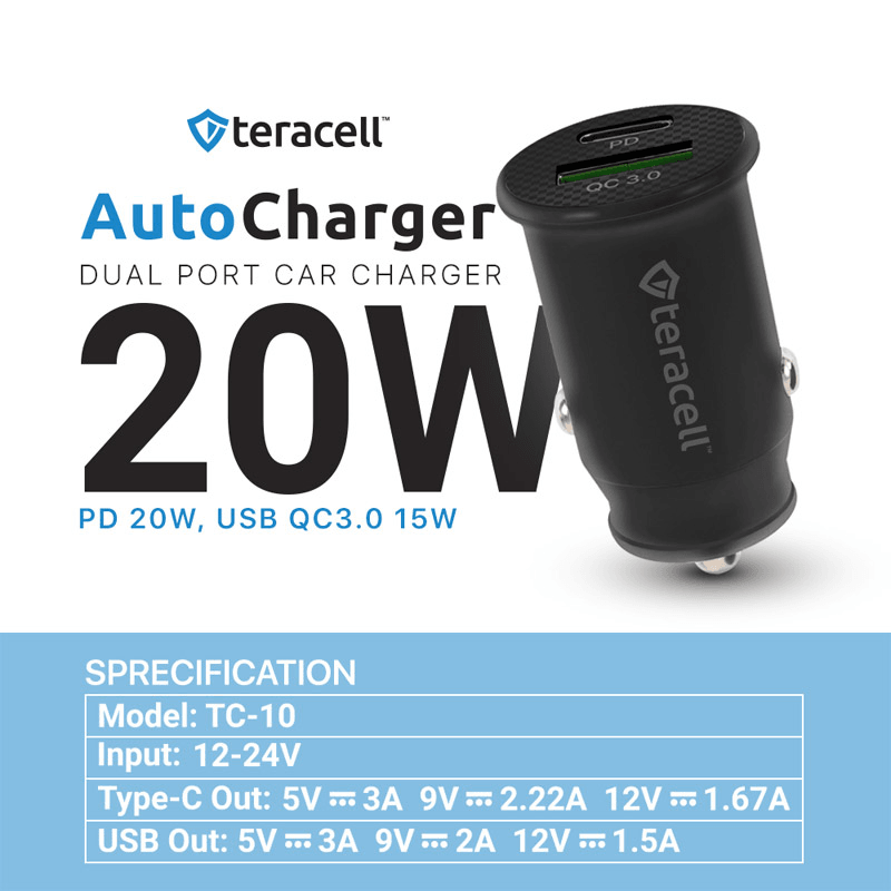 TERACELL Auto punjač Evolution TC-10 PD 20W, USB QC3.0, 15W sa Lightning kablom, Crni