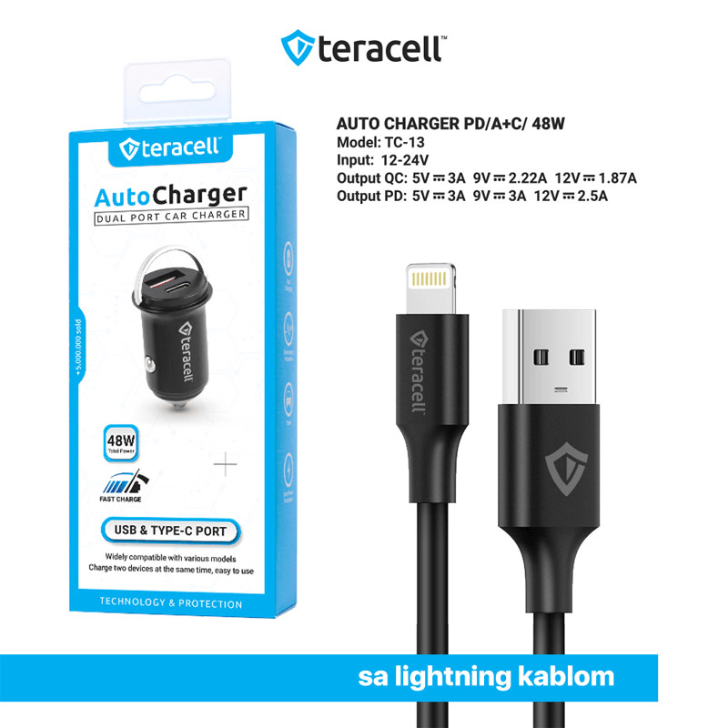 TERACELL Auto punjač Evolution TC-13 PD 30W + USB QC3.0 18W, 48W (total) sa Lightning kablom, Crni