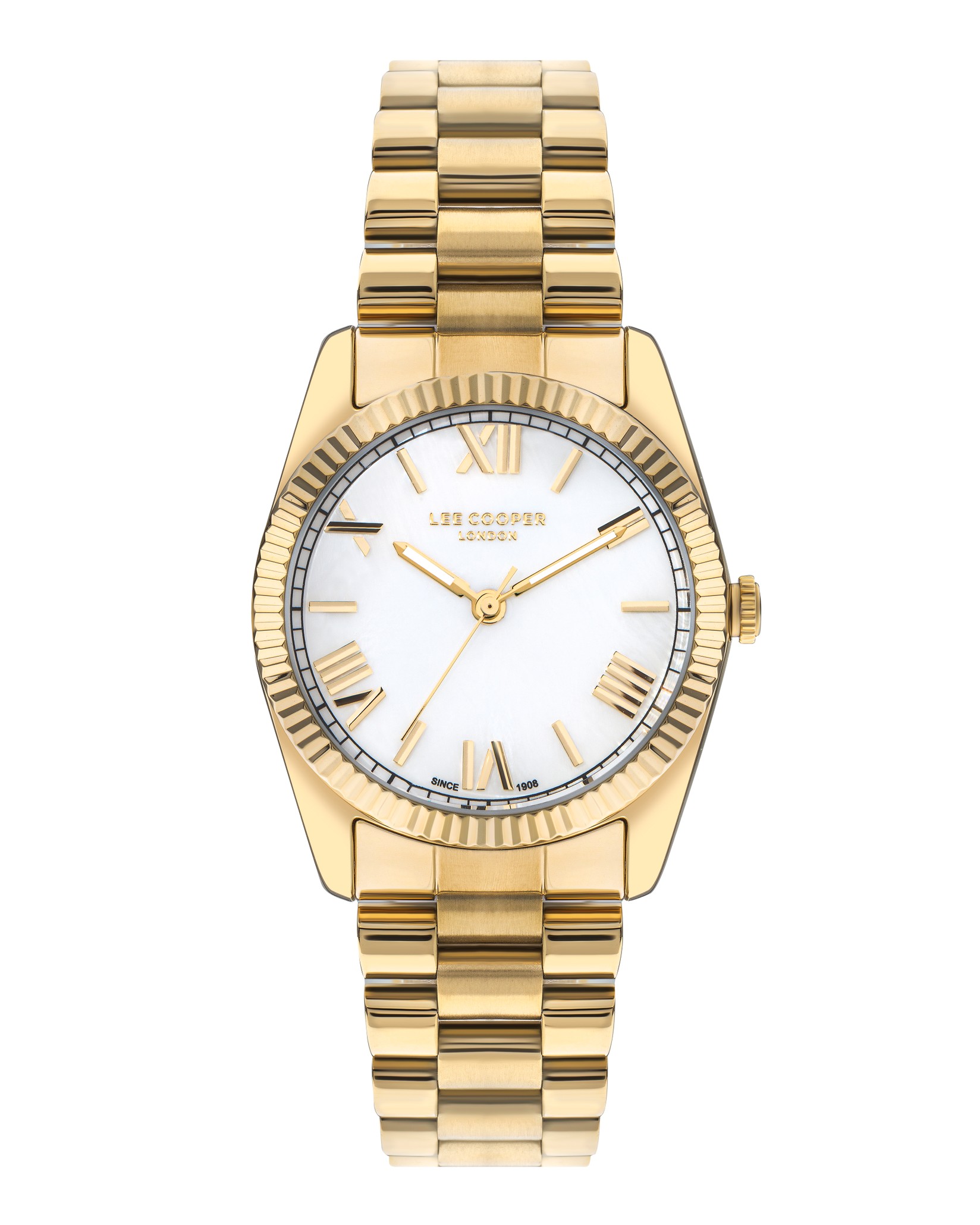 LEE COOPER Ženski ručni sat, Kvarcni mehanizam, 36mm, Belo kućište, Zlatne boje, LC07825.120
