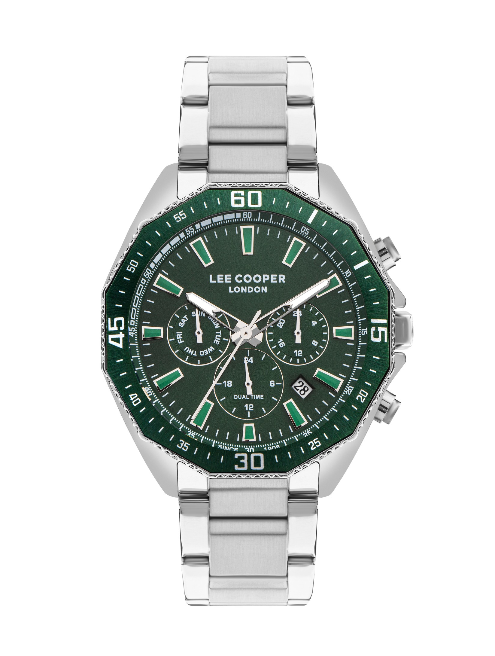 LEE COOPER Muški ručni sat, Kvarcni mehanizam, 45mm, Zeleno kućište, Srebrne boje, LC07847.370