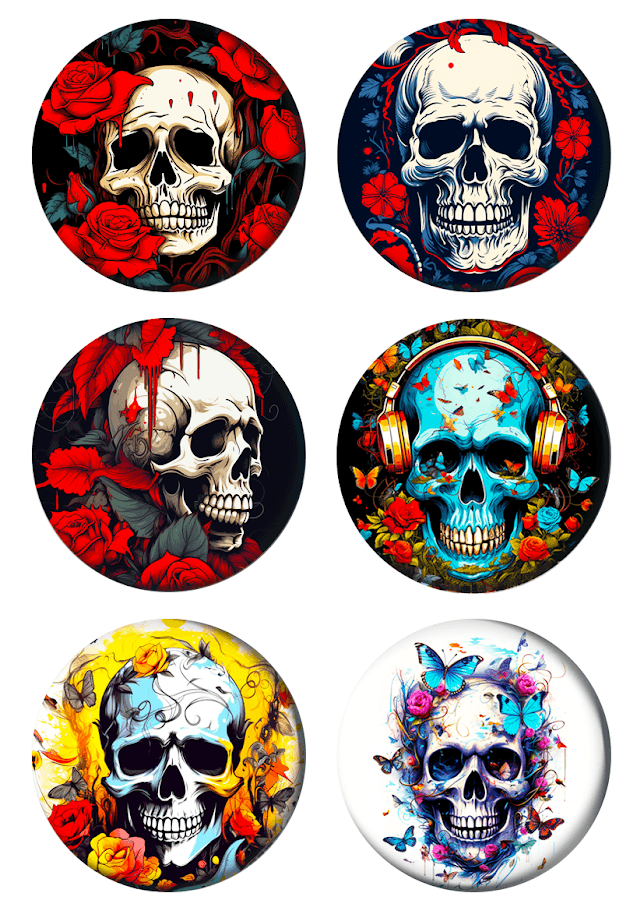 Set bedževa Ruže i lobanje, 37 mm, 6 kom