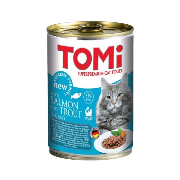 TOMI Vlažna hrana za mačke Losos i Pastrmka 400g