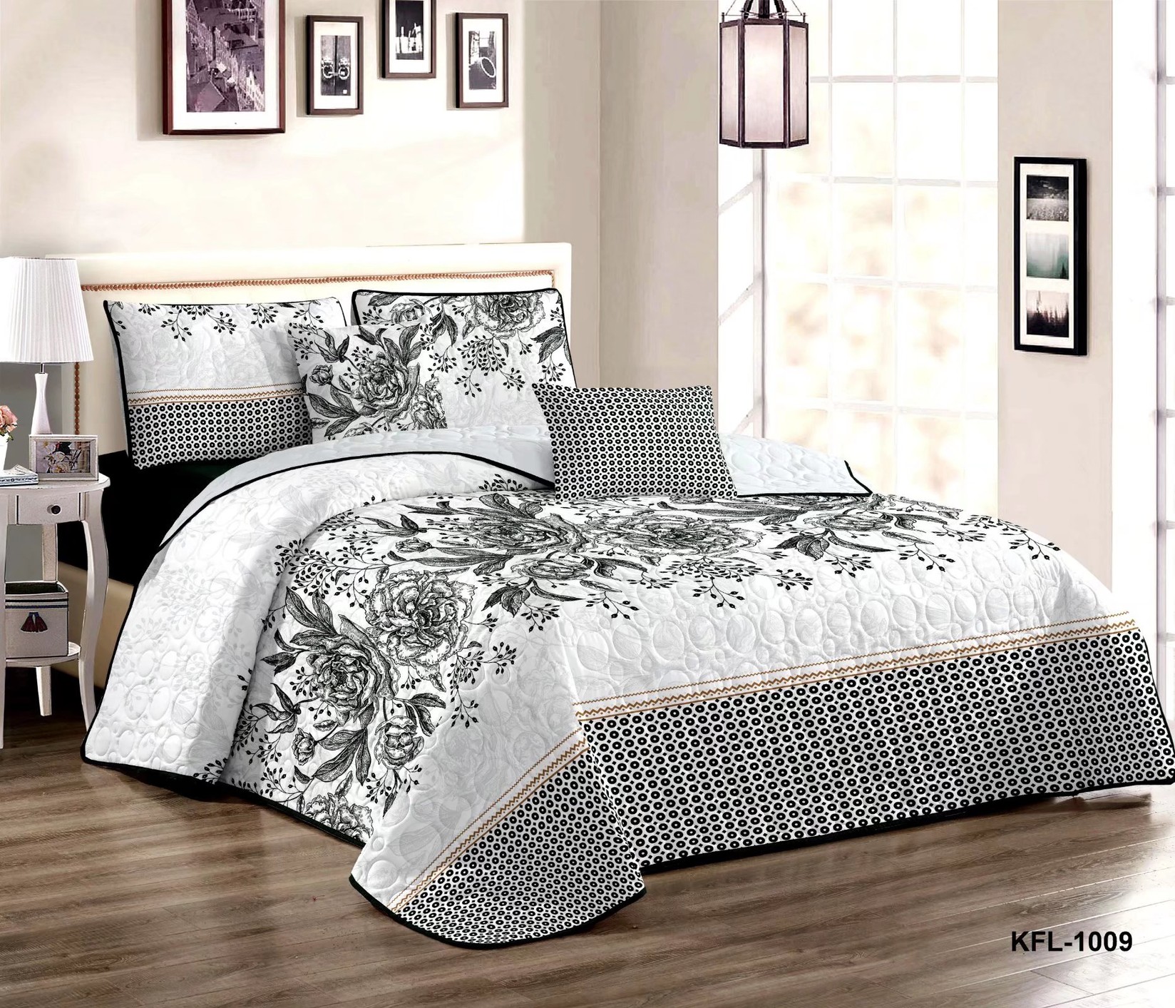 SAJONARA Double set Prekrivač i 2 jastučnice, Crno-belI