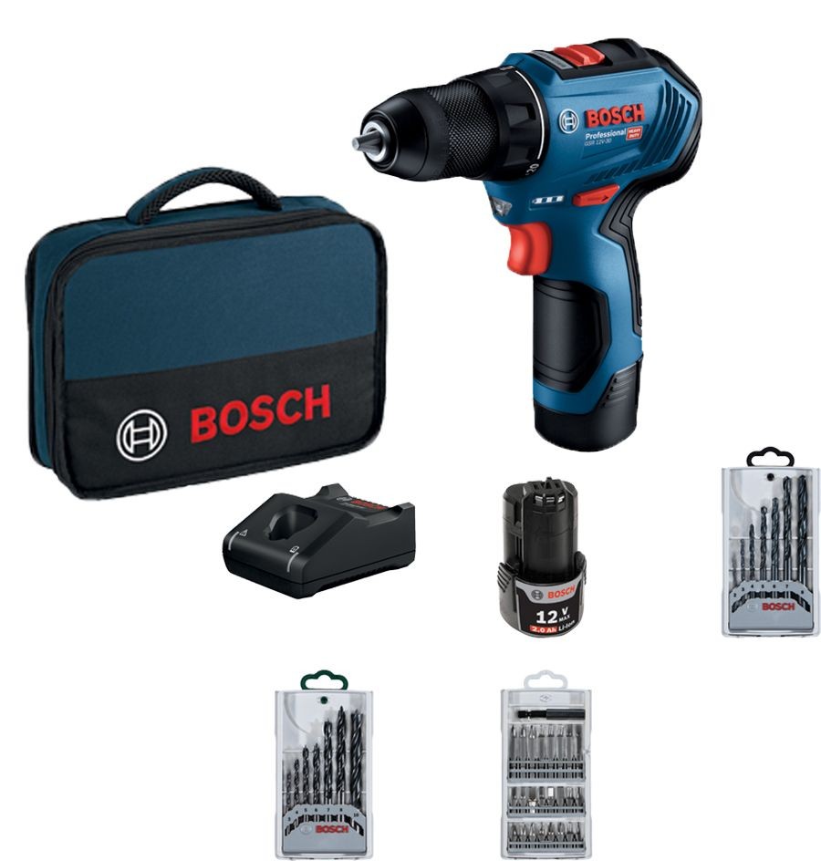 Bosch Akumulatorska bušilica-odvrtač GSR 12V-30 + 39-delni set pribora Torba 2x2.0Ah 06019G9001