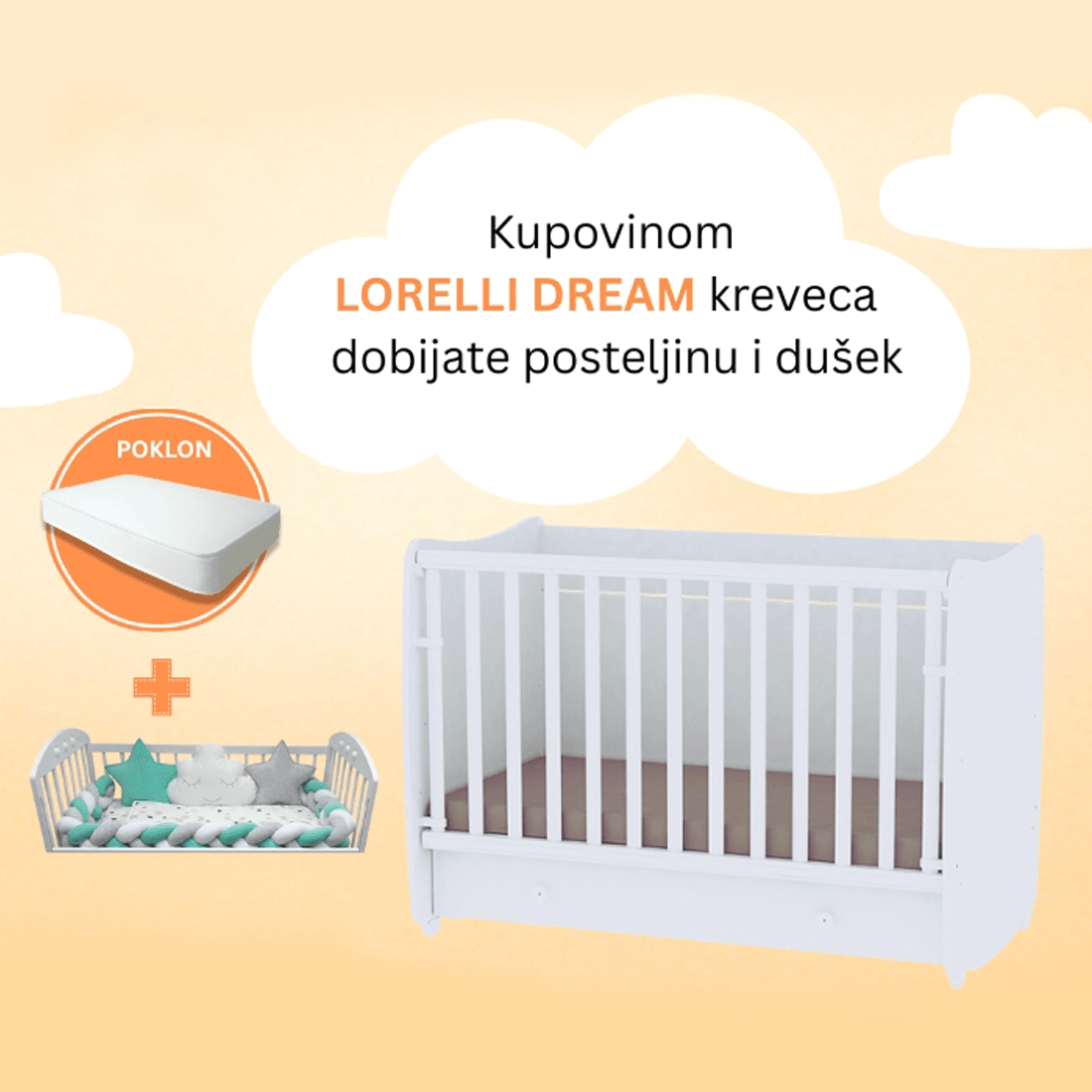 Lorelli Drveni krevetić Dream sa posteljinom i dušekom Menta-bela