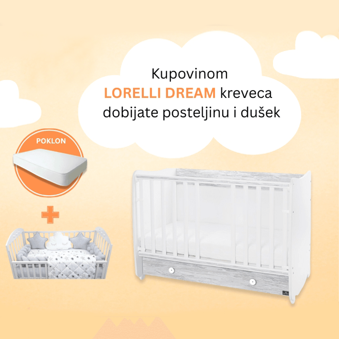 Lorelli Drveni krevetić Dream sa posteljinom i dušekom, Sivi