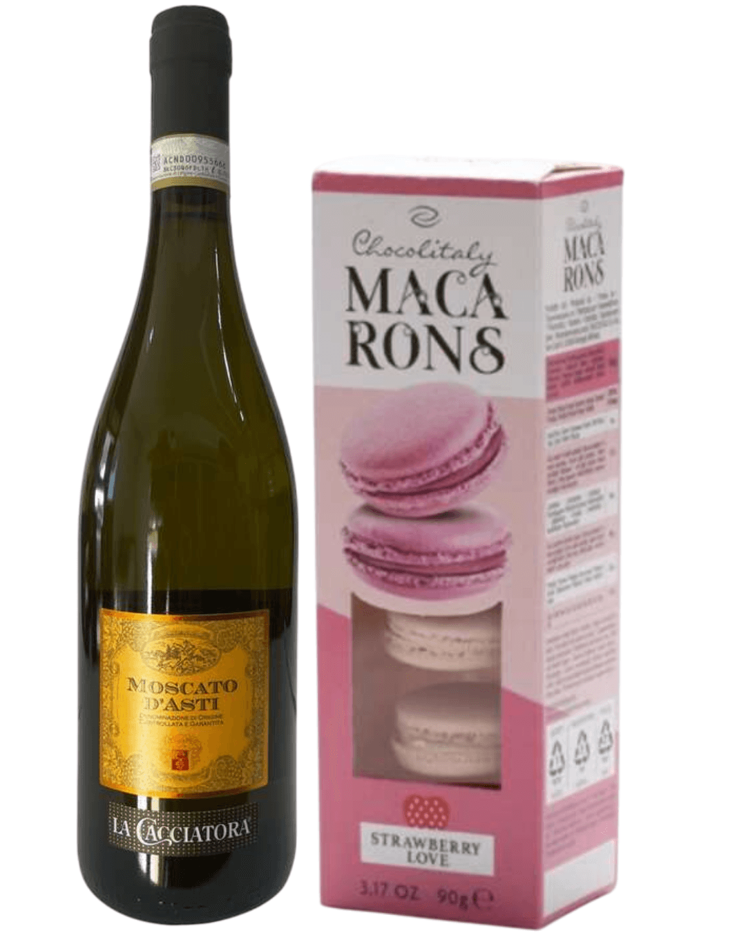 Caldirola Penušavo vino Moscato D'asti La Cacciatora, 0.75l i Chocolitaly Macarons jagoda Love 90gr