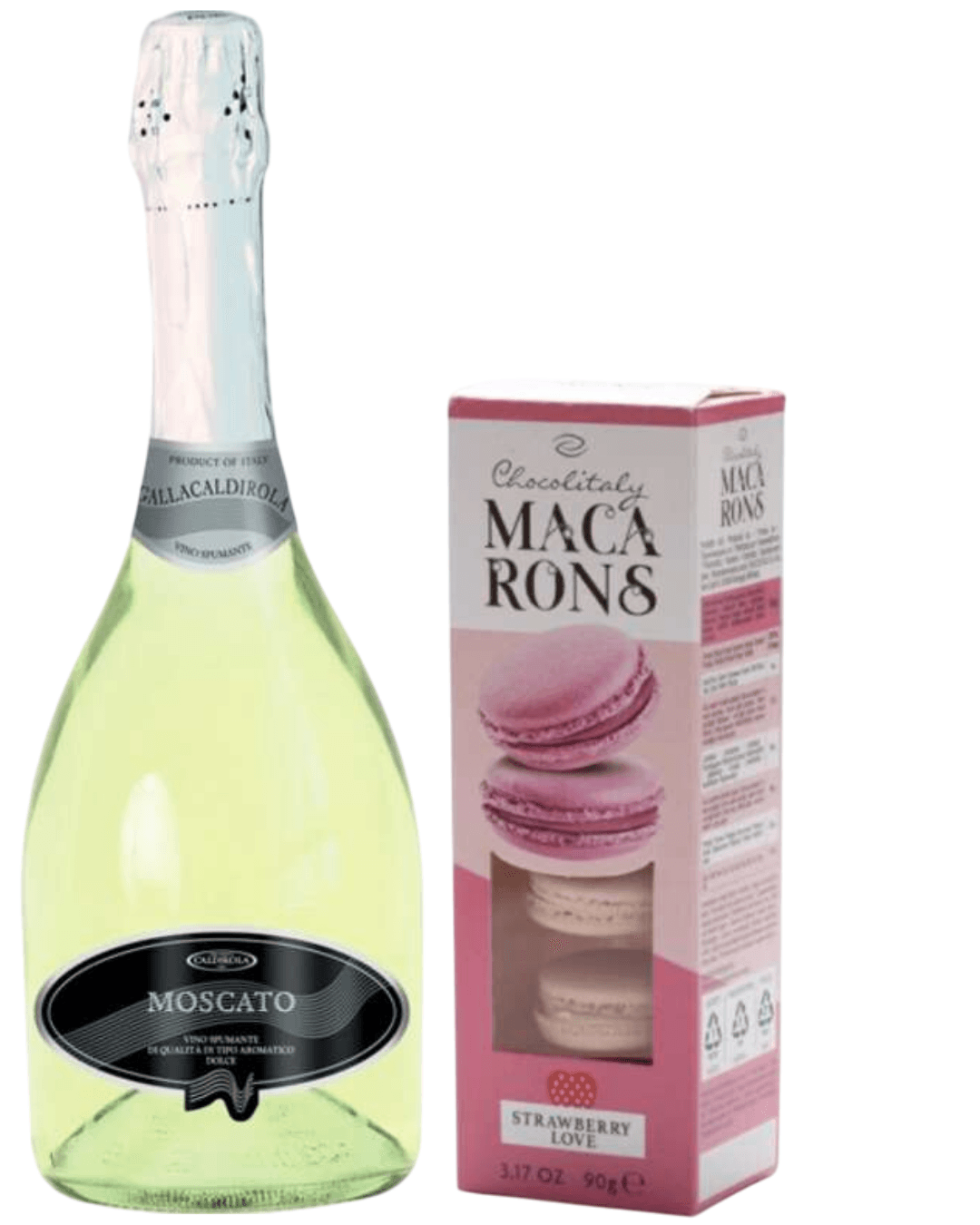 Caldirola Moscato Galla Penušavo belo vino, Polu-slatko, 0.75l i Chocolitaly Macarons jagoda Love 90gr