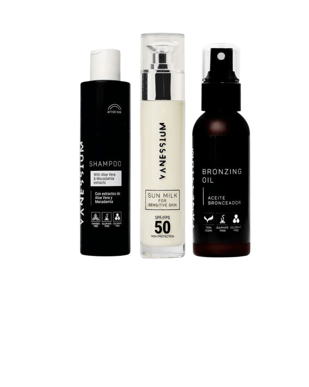 Vanessium Set Mleko za sunčanje za osetljivu kožu 50ml, Šampon za posle sunčanja 200ml, Ulje za sunčanje 100ml