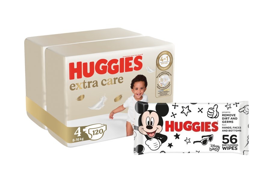 Huggies Pelene Extra Care 4, Duo Pack, 8-16 kg, 120/1 + Mickey Mouse Vlažne maramice, 56/1
