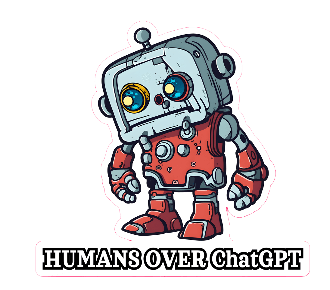 Selected image for AI_MERGEART Nalepnica sa tužnim robotom "Humans over ChatGPT"