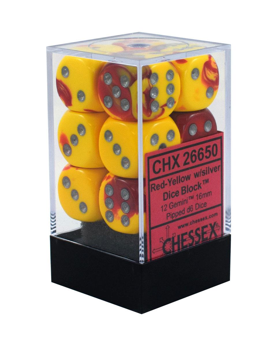 CHESSEX Kockice Gemini Red-Yellow & Silver Dice Block 16mm 12/1