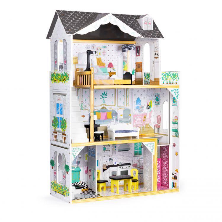 ECO TOYS Velika drvena kućica za lutke sa nameštajem i liftom šarena