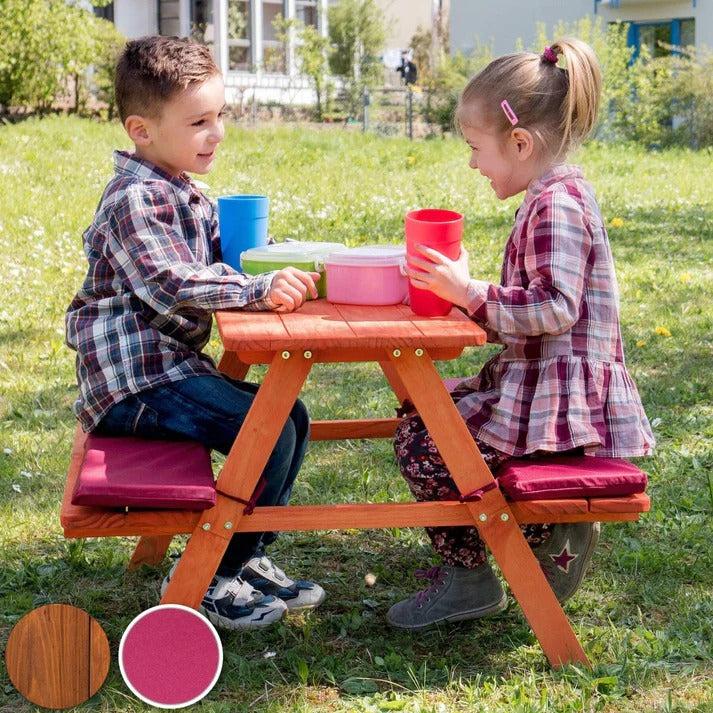 Selected image for KINDER HOME Dečiji sto za piknik sa klupama i mekim jastucima, 89x79x50 cm