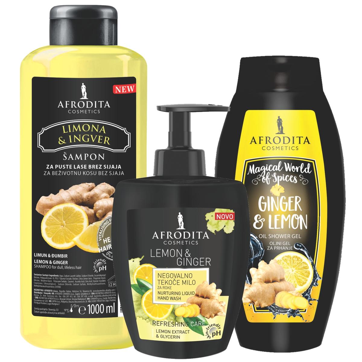Afrodita Cosmetics Set za tuširanje Limun i đumbir, Šampon za kosu + gel za tuširanje + tečni sapun