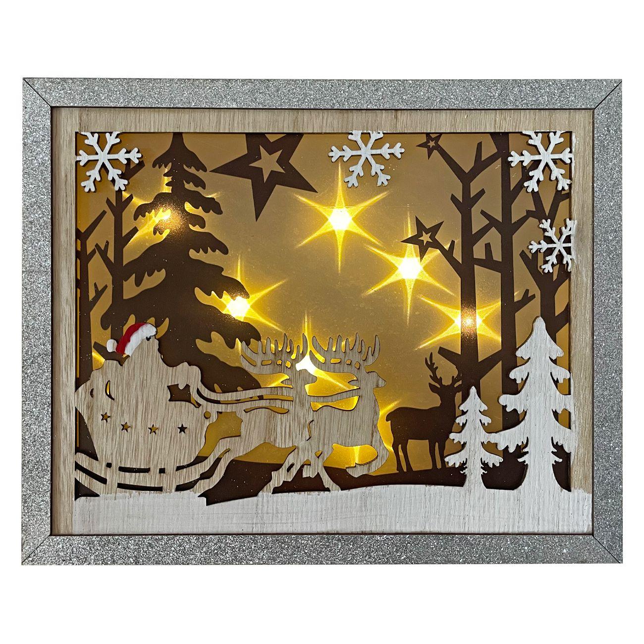 DENIS Led drvena dekoracija Deda Mraz i Irvasi 30x24 cm braon