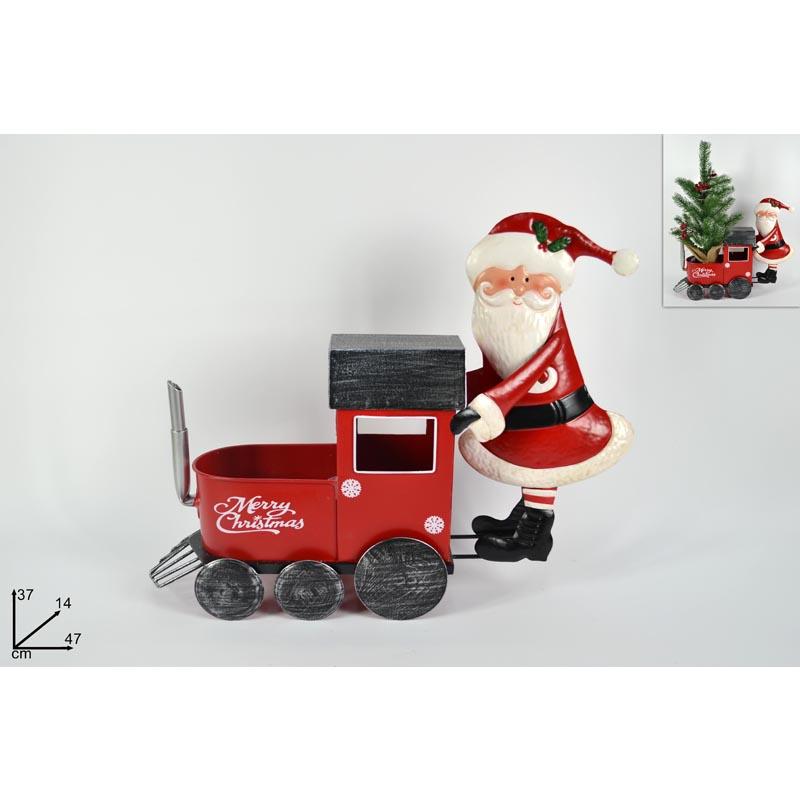 Novogodišnja figura Metalna lokomotiva sa Deda Mrazom LZ000398 37cm crvena