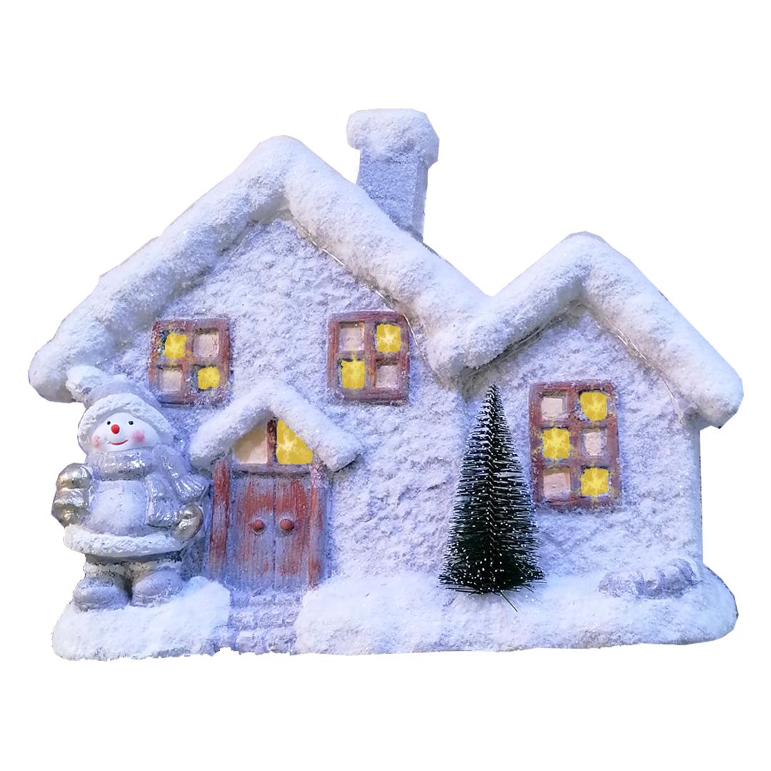 Novogodišnja dekoracija kućice u snegu sa rasvetom bela
