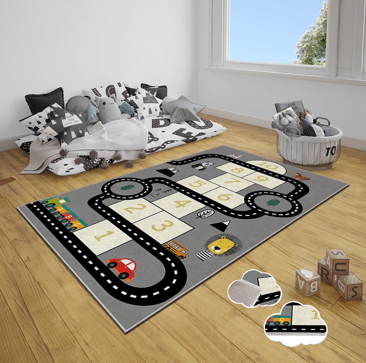 MEY HOME Tepih za dečiju sobu sa motivom igre školice i automobila 3D CRPS-218 sivi