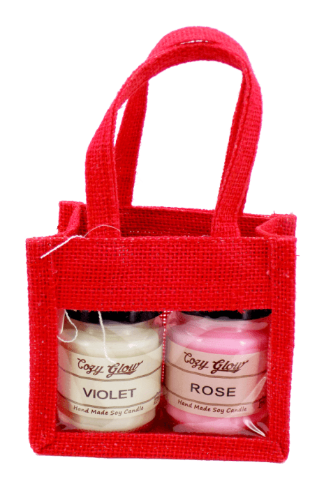 Set 2 ukrasne mirišlave sveće u crvenoj torbici bež i roze