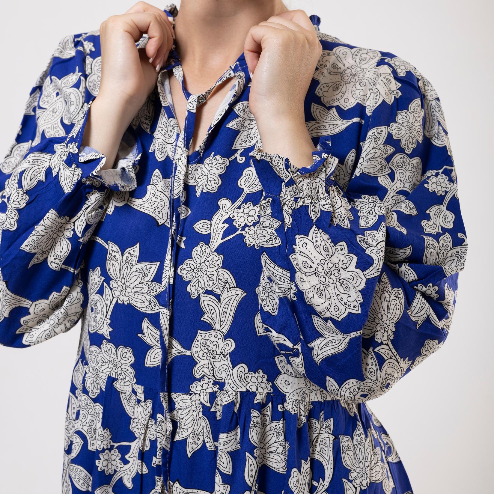 Selected image for FAME Duga ženska haljina sa cvetovima teget-bela