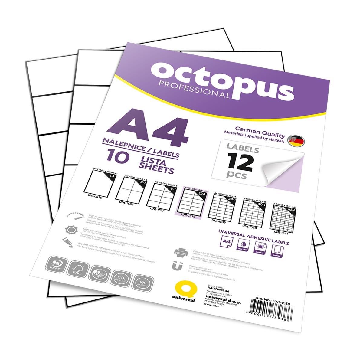 OCTOPUS Nalepnice A4 105X48 10/1 12-1 UNL-1538