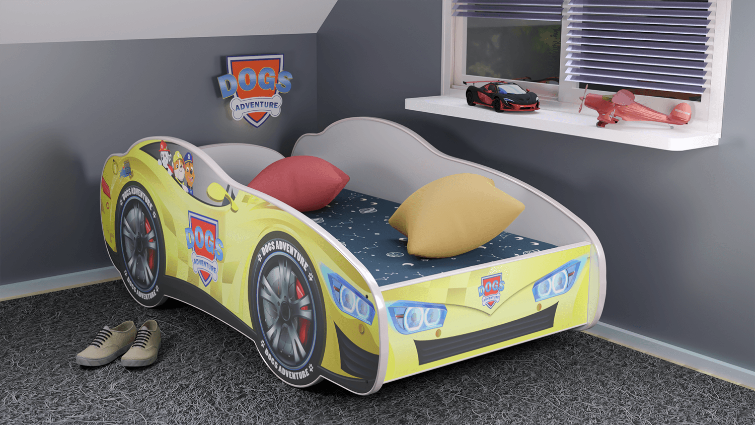Selected image for RACING CAR Dečiji krevet trkački auto Dog Adventure 160x80cm žuti