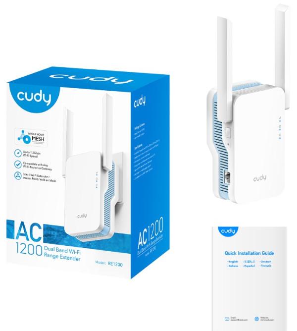 Selected image for CUDY WiFi ruter RE1200 AC1200 MESH Range Extender, Dual Band 2.4+5Ghz,2x5dBi, 1xLAN, AP/WPS, ACCESS+LED