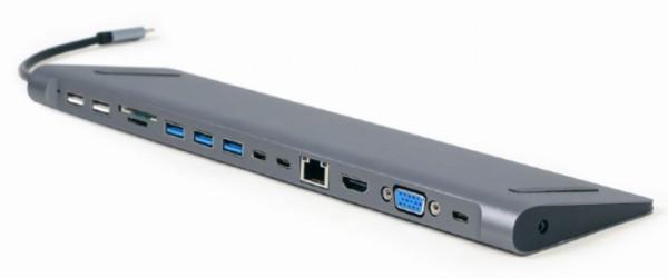 GEMBIRD USB Type-C 9-in-1 multi-port adapter USB hub+HDMI+VGA+PD+card reader+LAN+3.5m A-CM-COMBO9-01 sivi