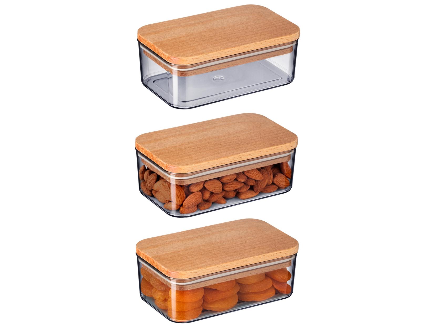 MADAME COCO Diviera Set kutija za čuvanje hrane sa drvenim poklopcem, 3kom, 500ml, 9x14.5x5.5cm, Sive
