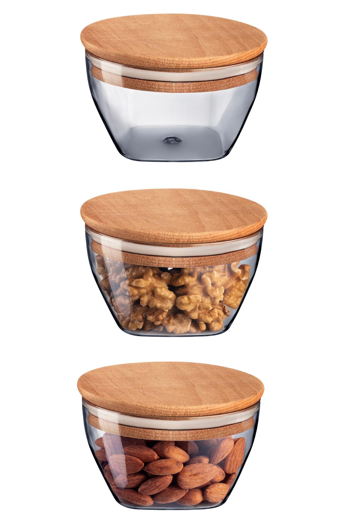 MADAME COCO Florian Set kutija za čuvanje hrane sa drvenim poklopcem, 3kom, 380ml, 10.5x10.5x7cm, Sive
