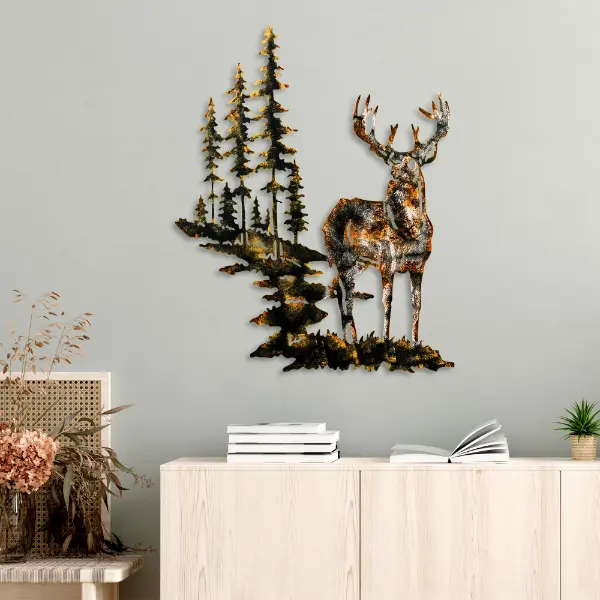 Metalna zidna dekoracija jelen u šumi 65x79 cm šarena