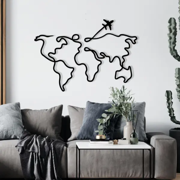 Metalna zidna dekoracija karta sveta 60x42 cm crna