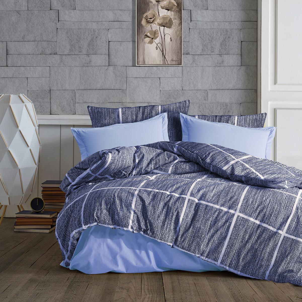Selected image for Mille Notti Blue Square Pamučna posteljina za bračni ležaj, 200x220 cm, Plava