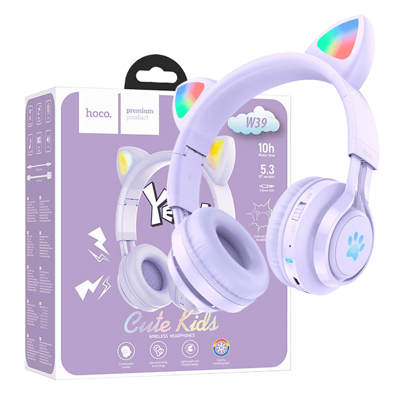 HOCO W39 Dečije slušalice Mačje uši, Stereo, Bluetooth v5.3 povezivanje, 400mAh, Ljubičaste