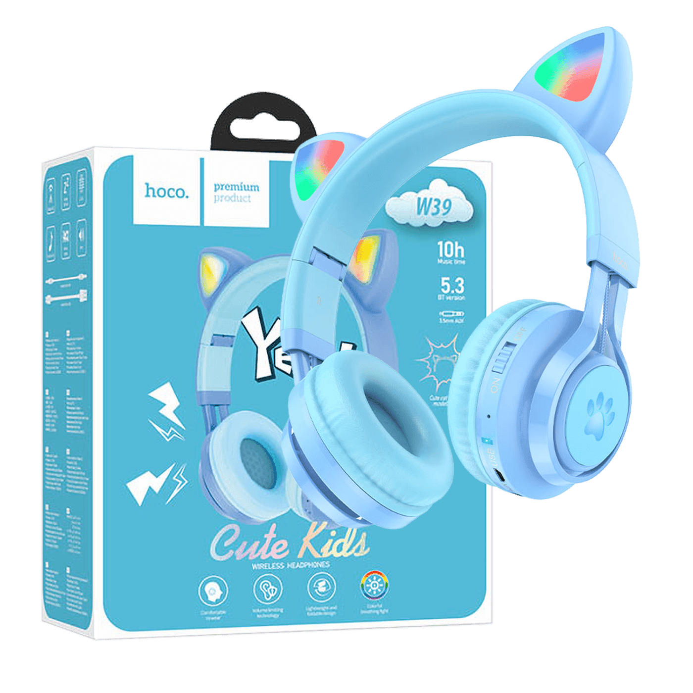 HOCO W39 Dečije slušalice Mačje uši, Stereo, Bluetooth v5.3 povezivanje, 400mAh, Plave
