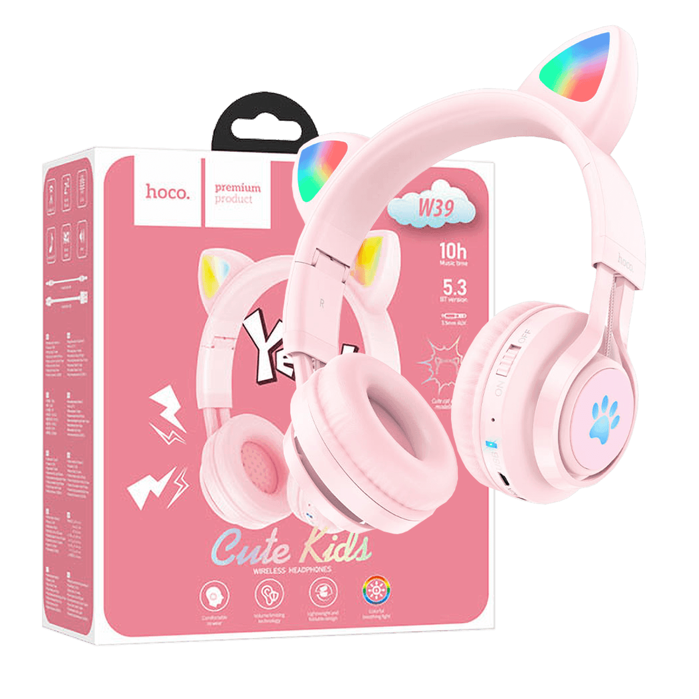 HOCO W39 Dečije slušalice Mačje uši, Stereo, Bluetooth v5.3 povezivanje, 400mAh, Roze