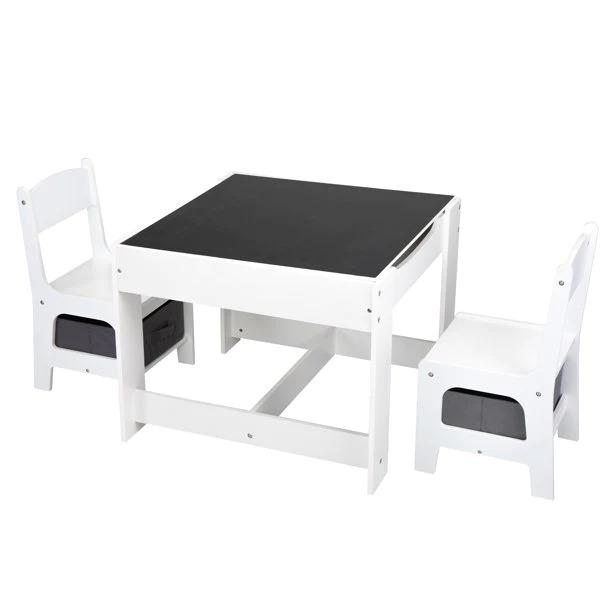 KINDER HOME Dvostrani dečiji drveni sto sa 2 stolice belo-sivi